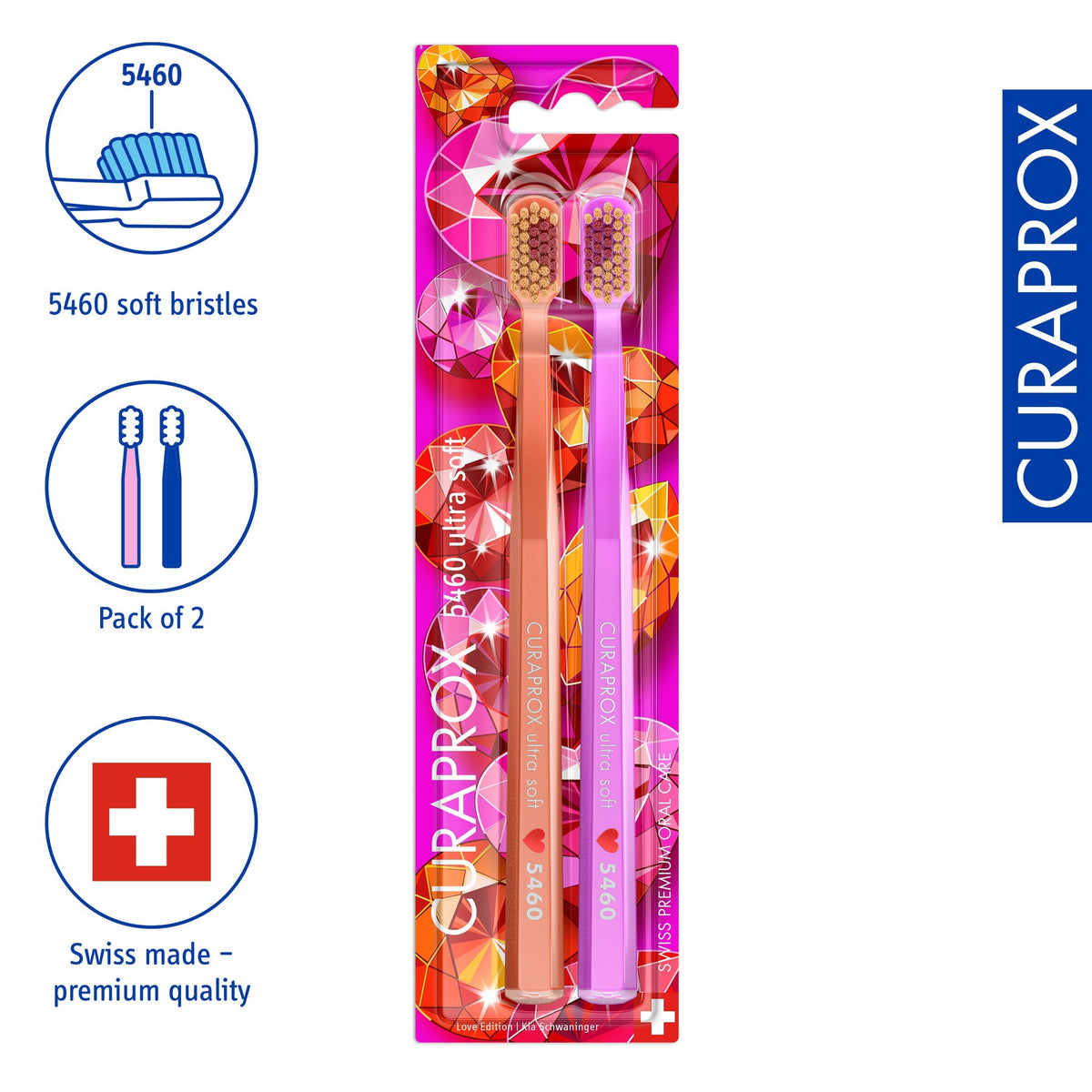 Curaprox CS 5460 Love Edition, icons for 5,460 soft bristles and pack of two