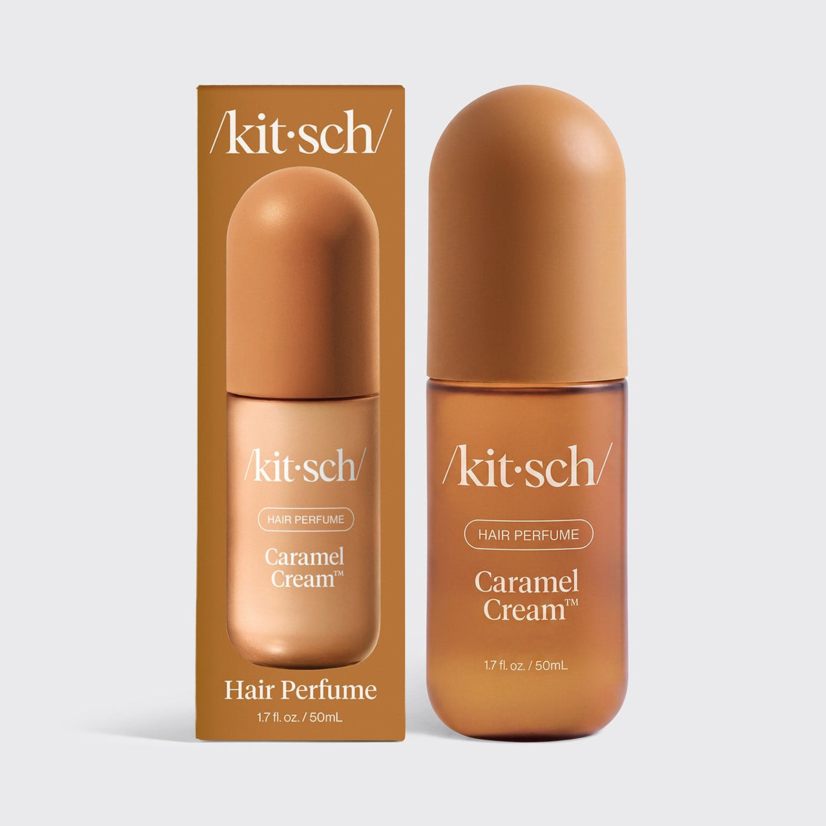 Kitsch Caramel Cream hair and body perfume mist 50ml, bottle beside its carton