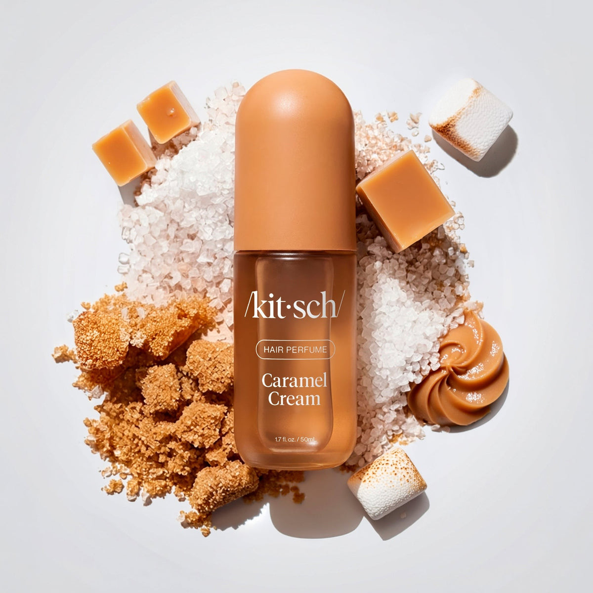 Caramel Cream scent ingredients laid out: salted caramel, brown sugar and marshmallow