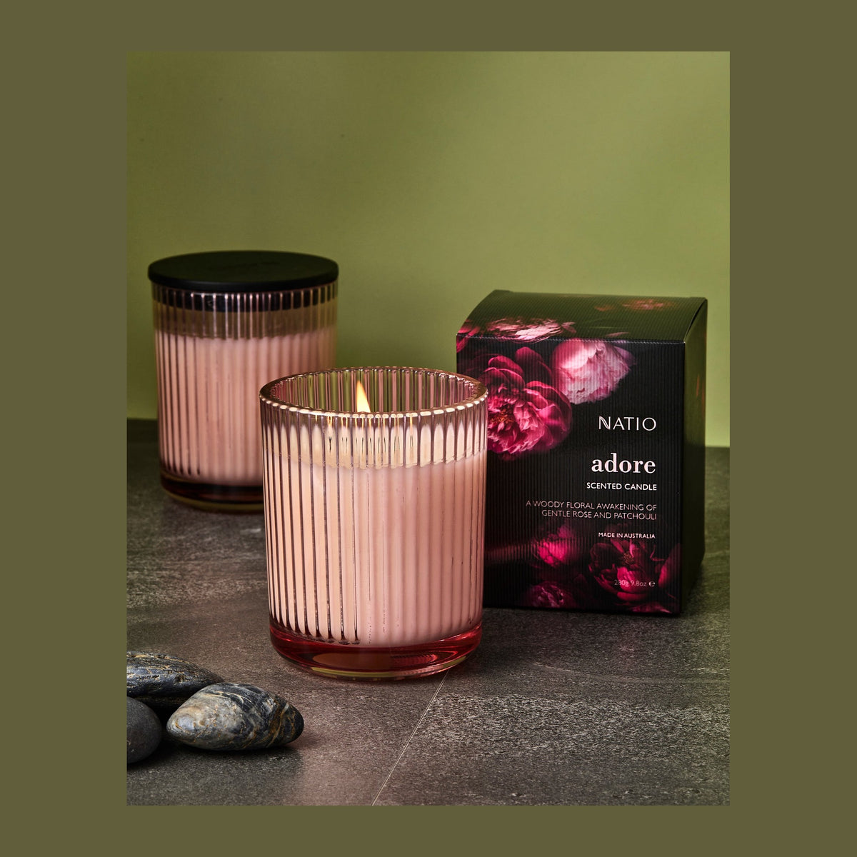 Natio Adore Scented Candle 280g styled in a set photograph