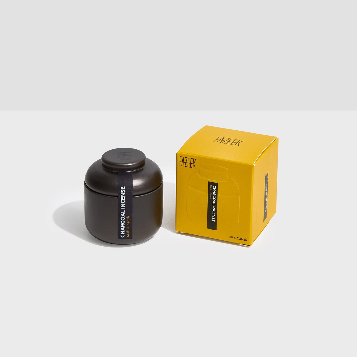 Fazeek Teak and Neroli incense cones, charcoal jar with the yellow outer box