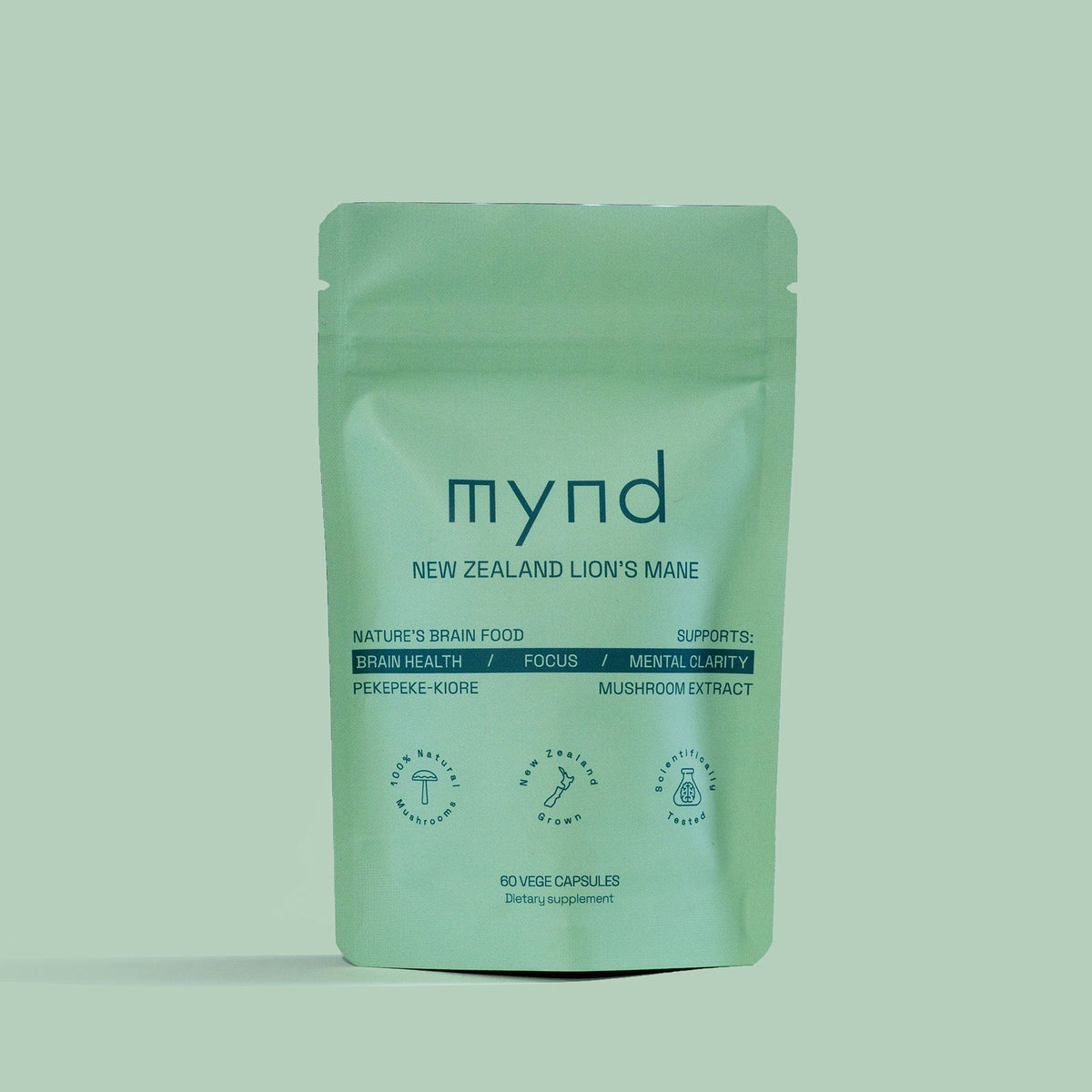 Mynd New Zealand Lion's Mane 60 capsule pouch, front of pack