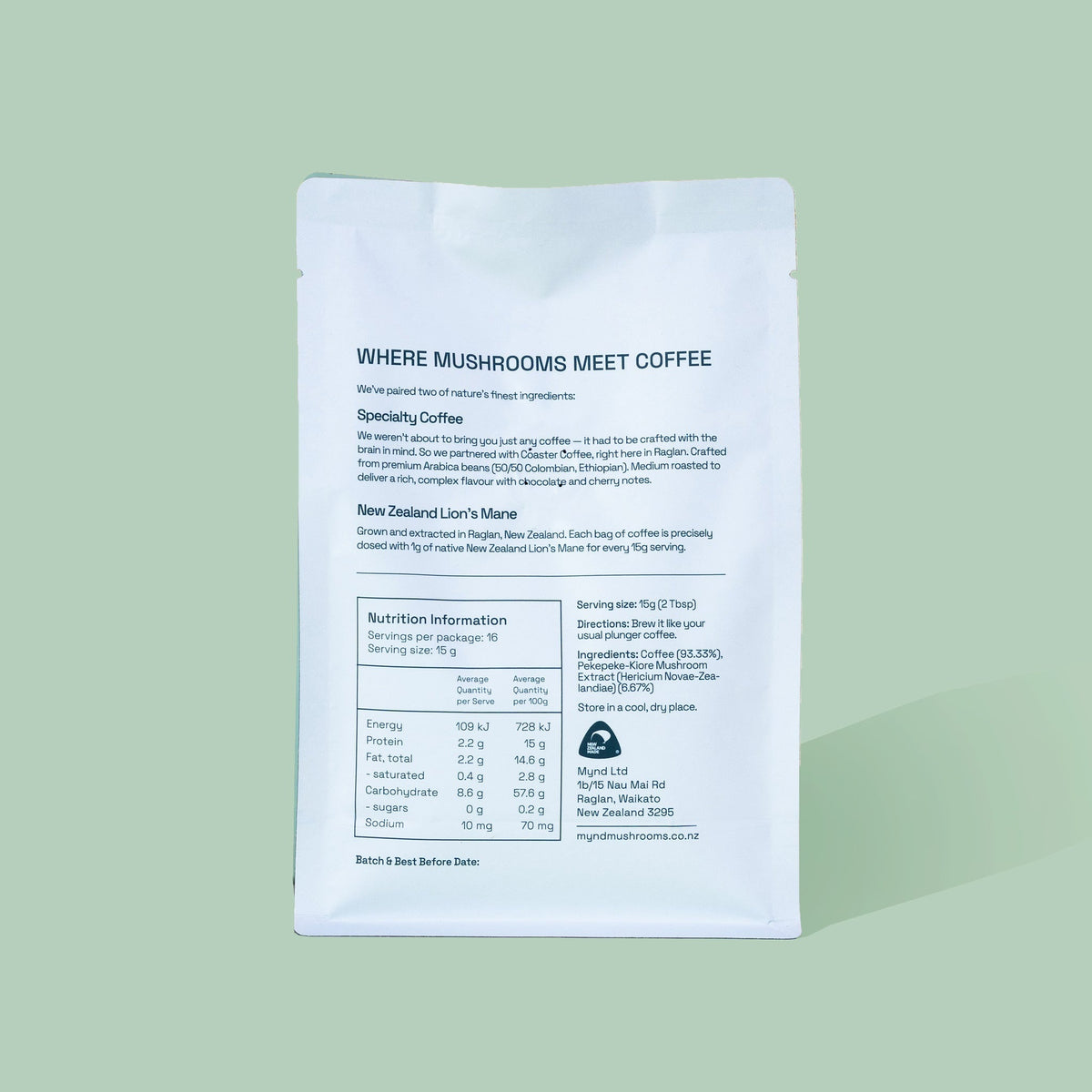Back of the Mynd Brew 250g bag showing ingredients and nutrition information