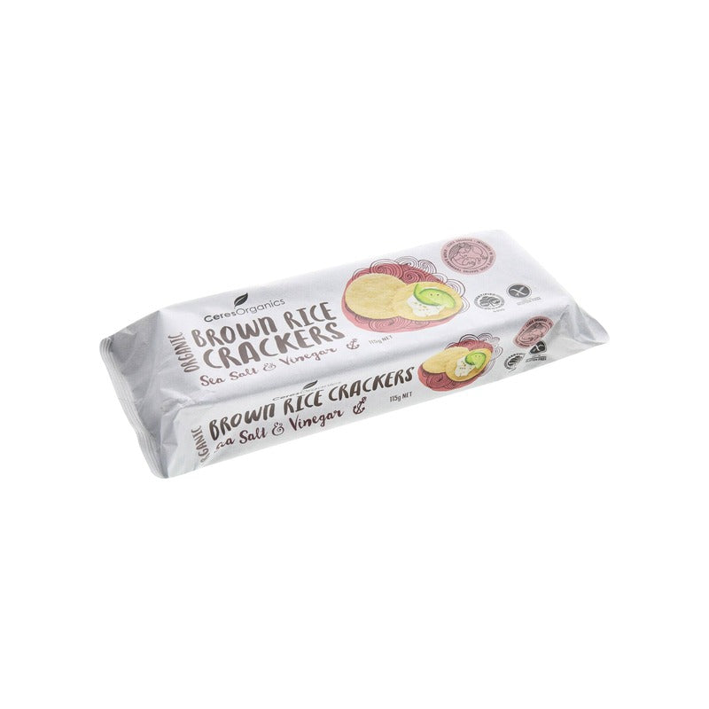 Ceres Organics Organic Brown Rice Crackers, Sea Salt & Vinegar 115g, front of pack