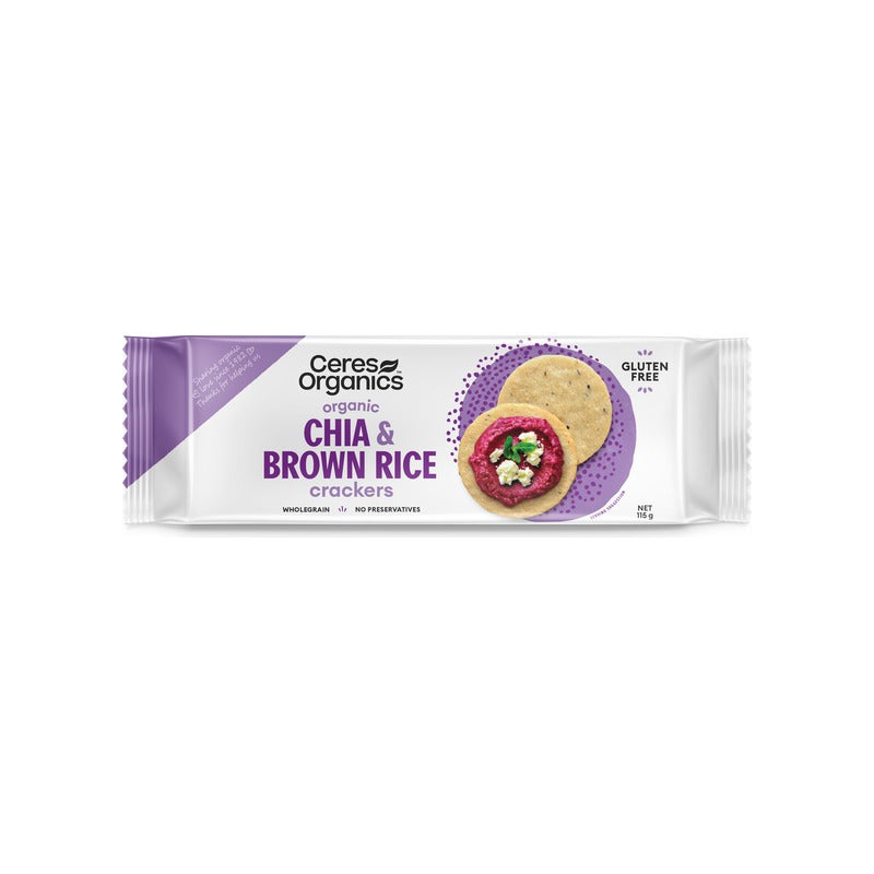 Ceres Organics Organic Brown Rice Crackers with Chia 115g, front of pack