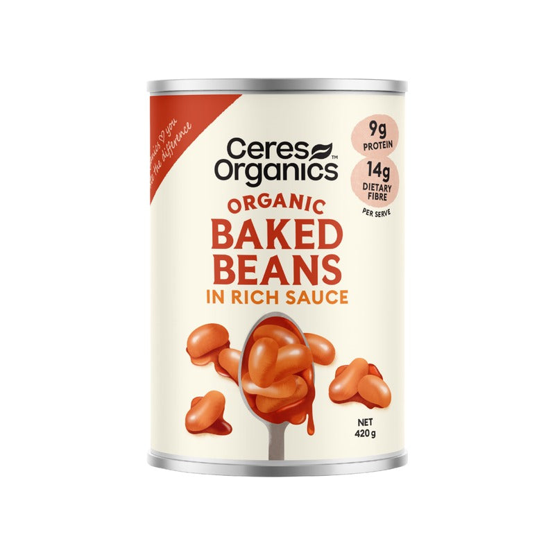 Ceres Organics Organic Baked Beans, Rich Flavour 420g, front of pack