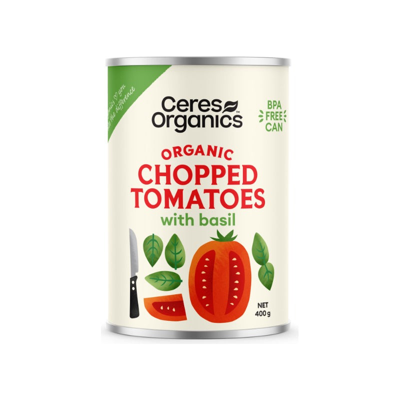 Ceres Organics Organic Tomatoes, Chopped with Basil 400g, front of pack