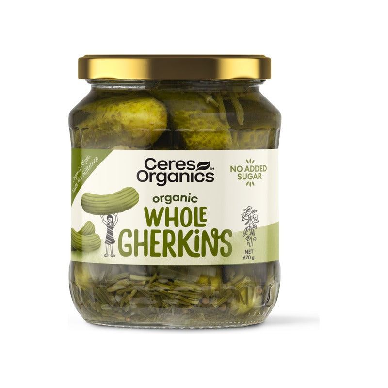 Ceres Organics Organic Whole Gherkins 670g, front of pack