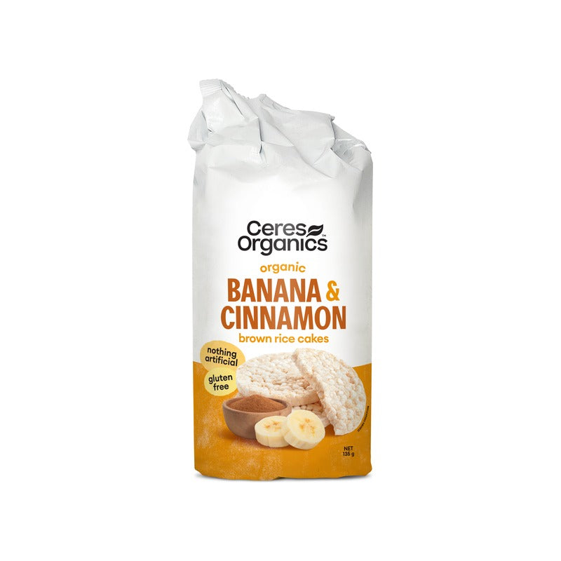 Ceres Organics Organic Brown Rice Cakes, Banana & Cinnamon 135g, front of pack
