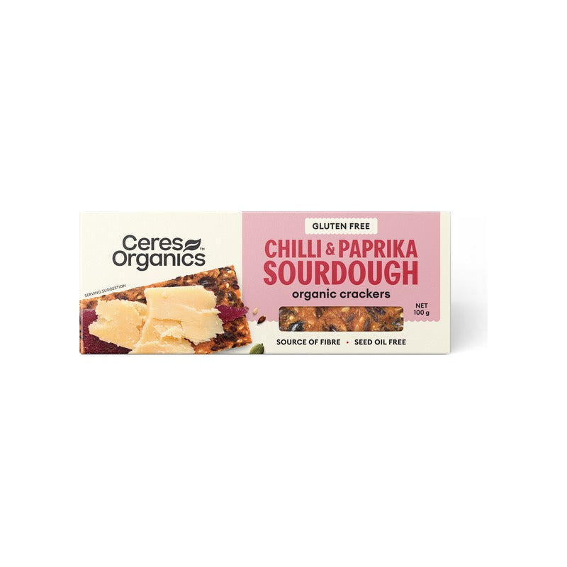 Ceres Organics Organic Sourdough Crackers, Chilli and Paprika 100g, front of pack
