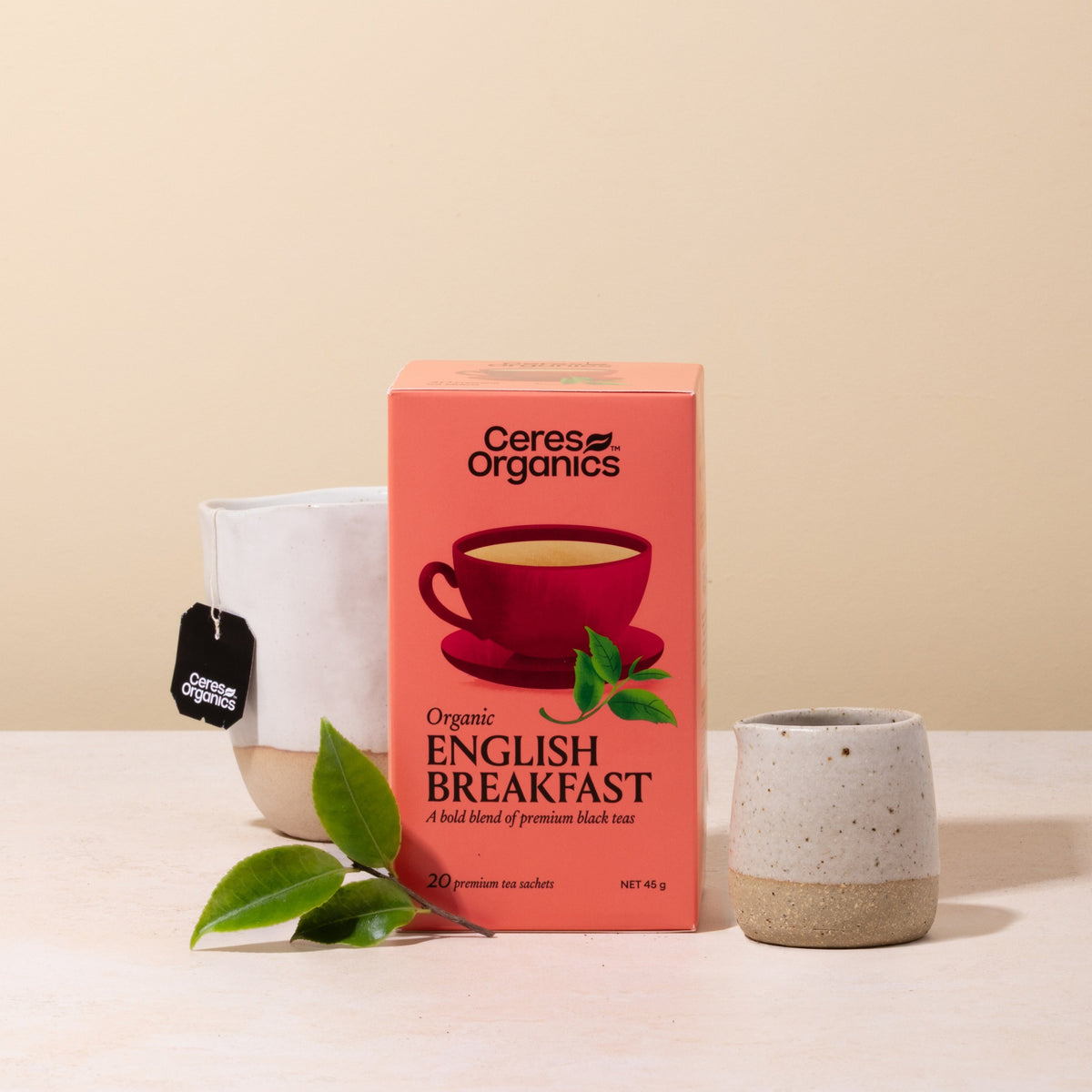 Ceres Organics English Breakfast Tea box beside a cup