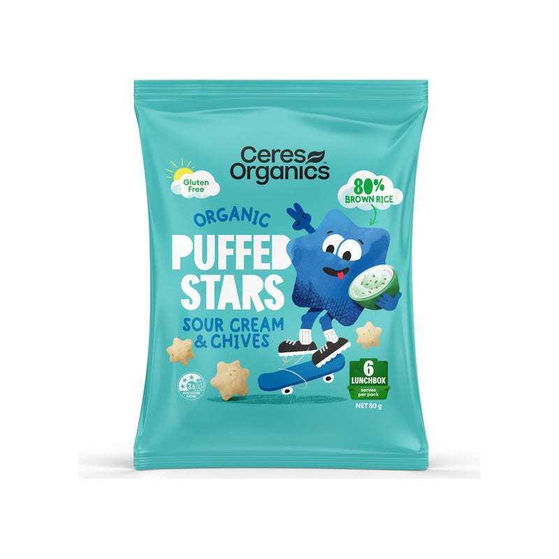 Ceres Organics Organic Puffed Stars Sour Cream & Chives 80g, front of pack