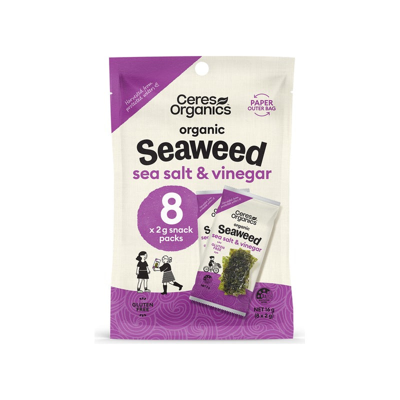 Ceres Organics Organic Roasted Seaweed Multipack, Salt & Vinegar Snack 16g, front of pack