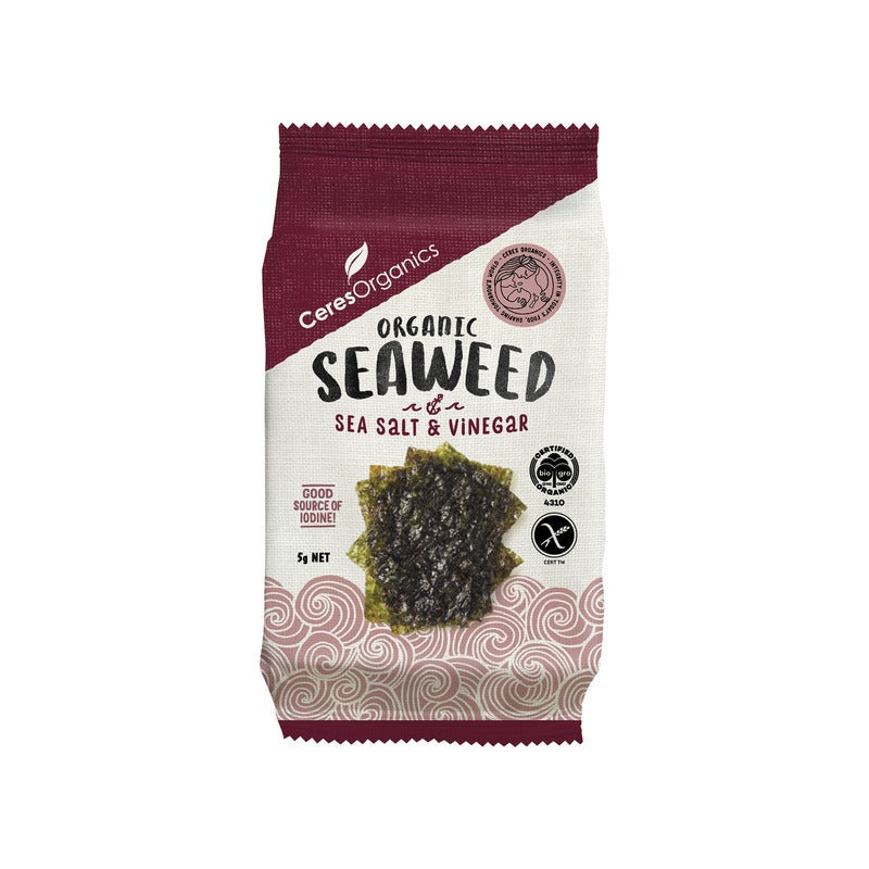Ceres Organics Organic Roasted Seaweed, Salt & Vinegar Nori Snack 5g, front of pack
