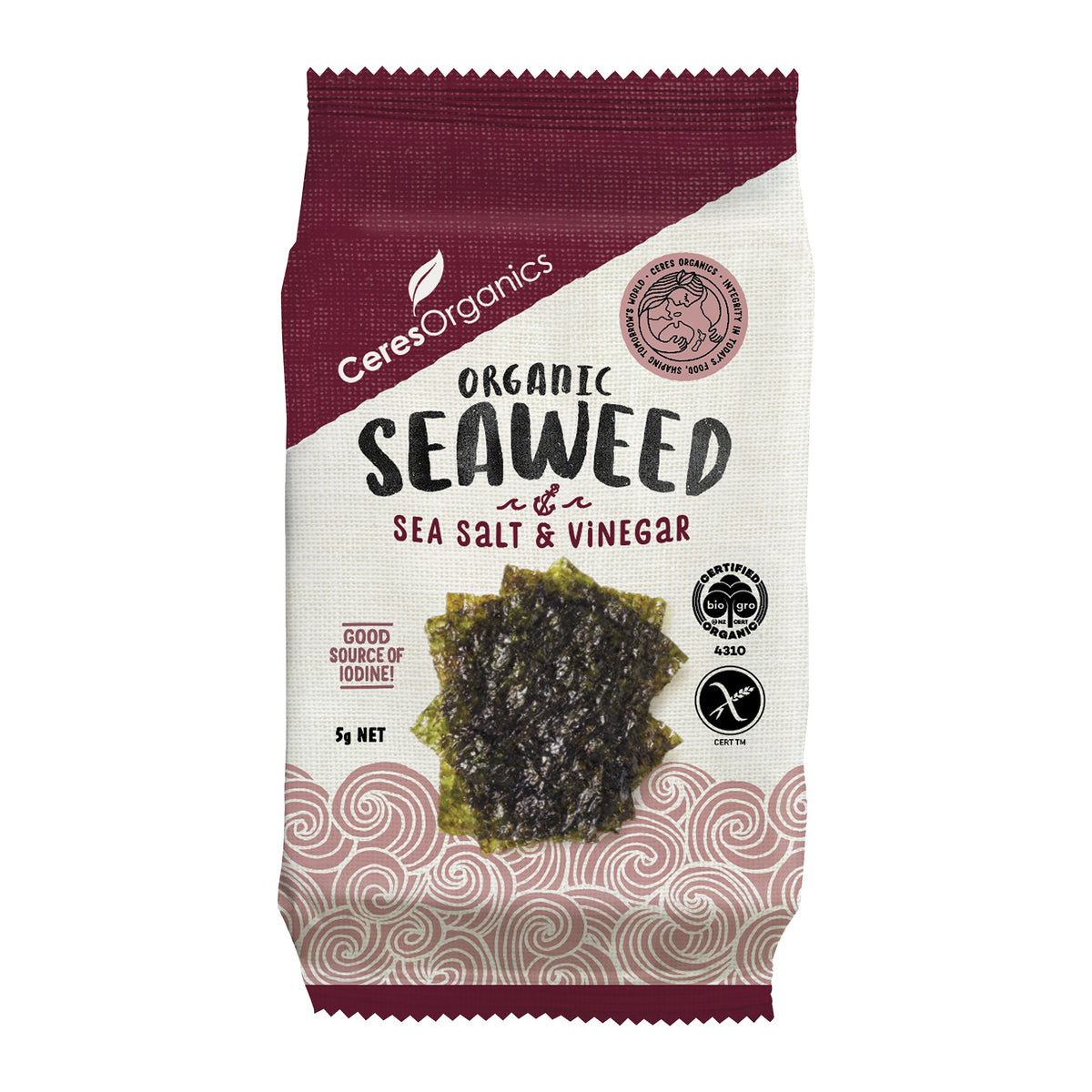 Organic Roasted Seaweed, Salt & Vinegar Nori Snack 5g, front of pack