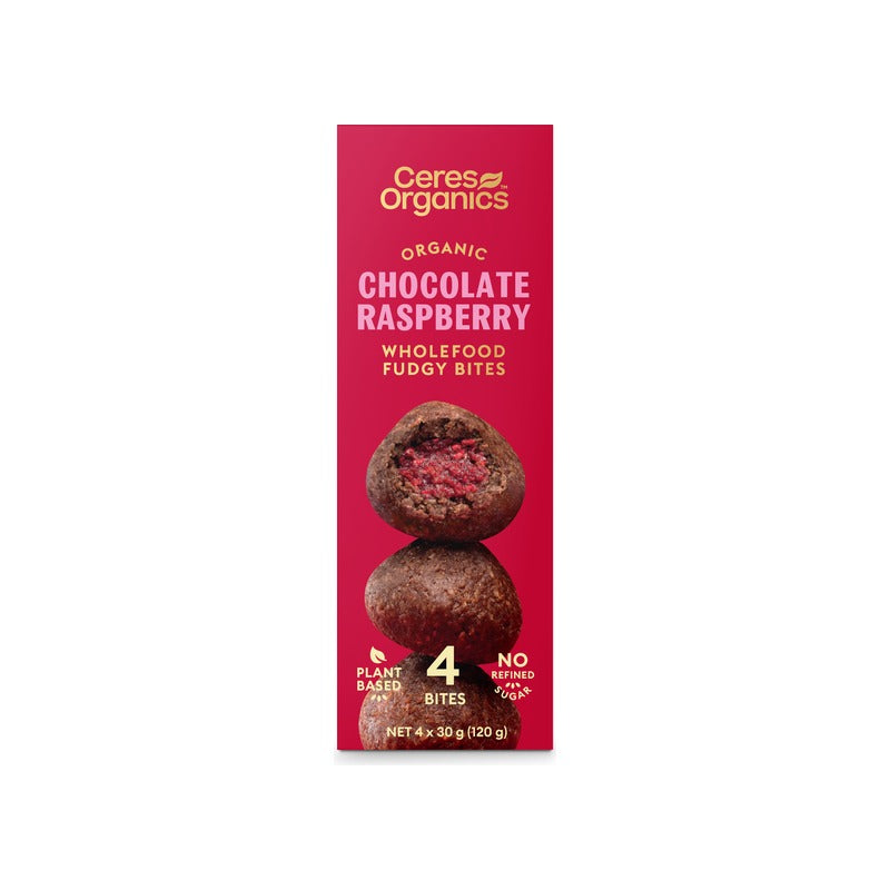 Ceres Organics Organic Wholefood Fudgy Bites, Chocolate Raspberry 120g, front of pack