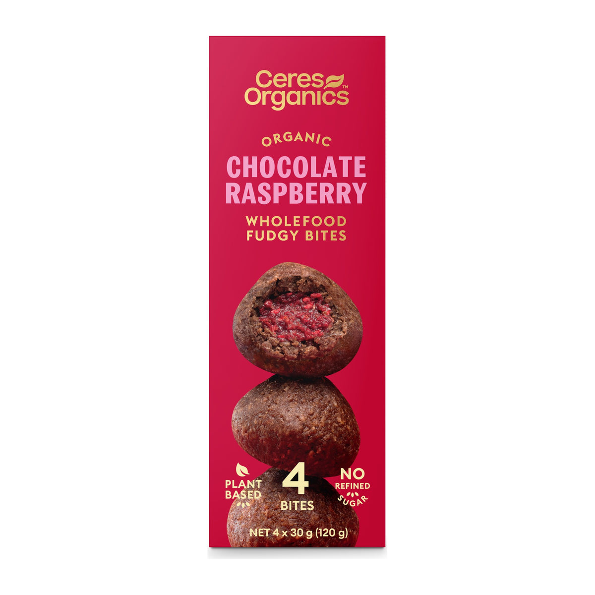 Organic Wholefood Fudgy Bites Chocolate Raspberry 120g, front of pack