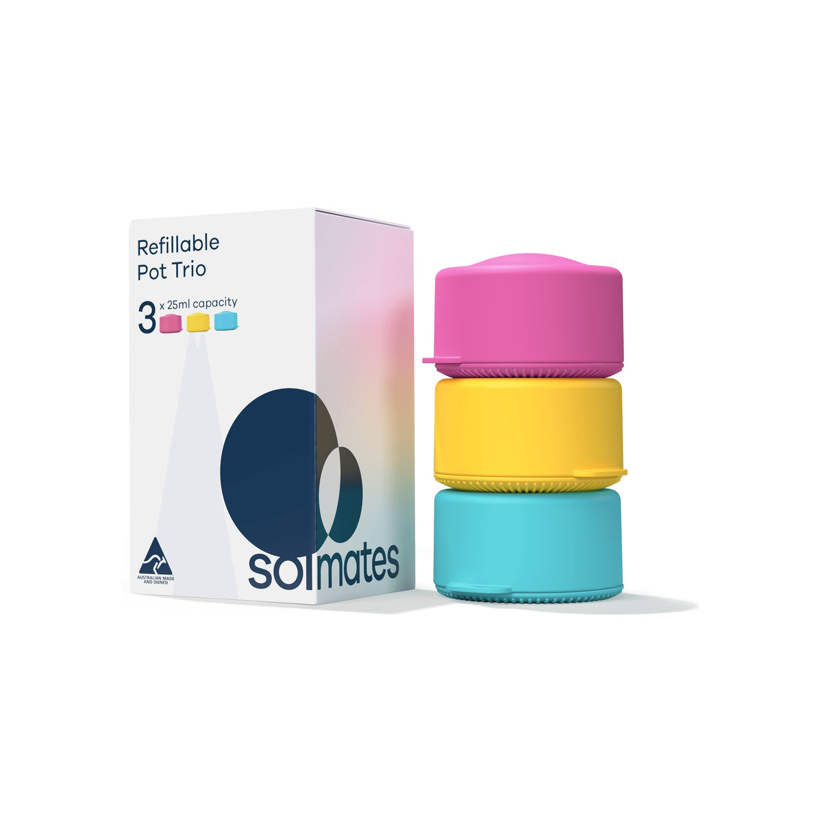 The Solmates refillable pot trio beside its box