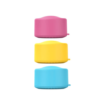 Solmates refillable pot trio, the three pots stacked in pink, yellow and blue