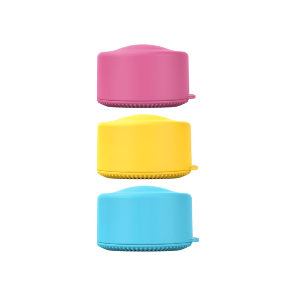 Solmates refillable pot trio, the three pots stacked in pink, yellow and blue