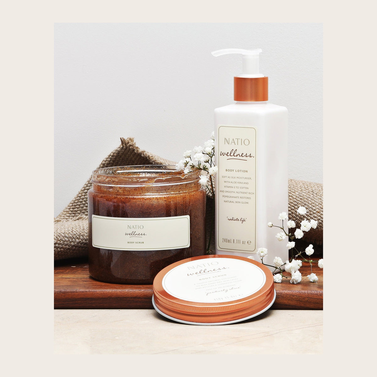 Natio Wellness Body Scrub styled in a set photograph