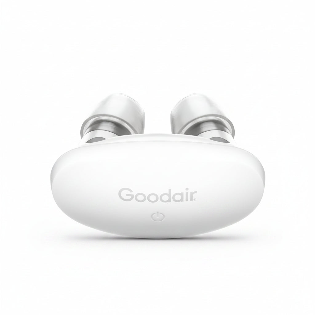 Goodair Nosebuds close up, showing the two buds and the Goodair charging case