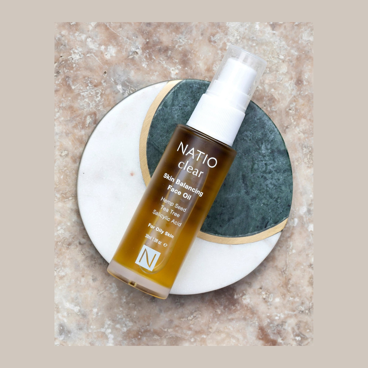 Natio Clear Skin Balancing Face Oil 30ml styled in a set photograph