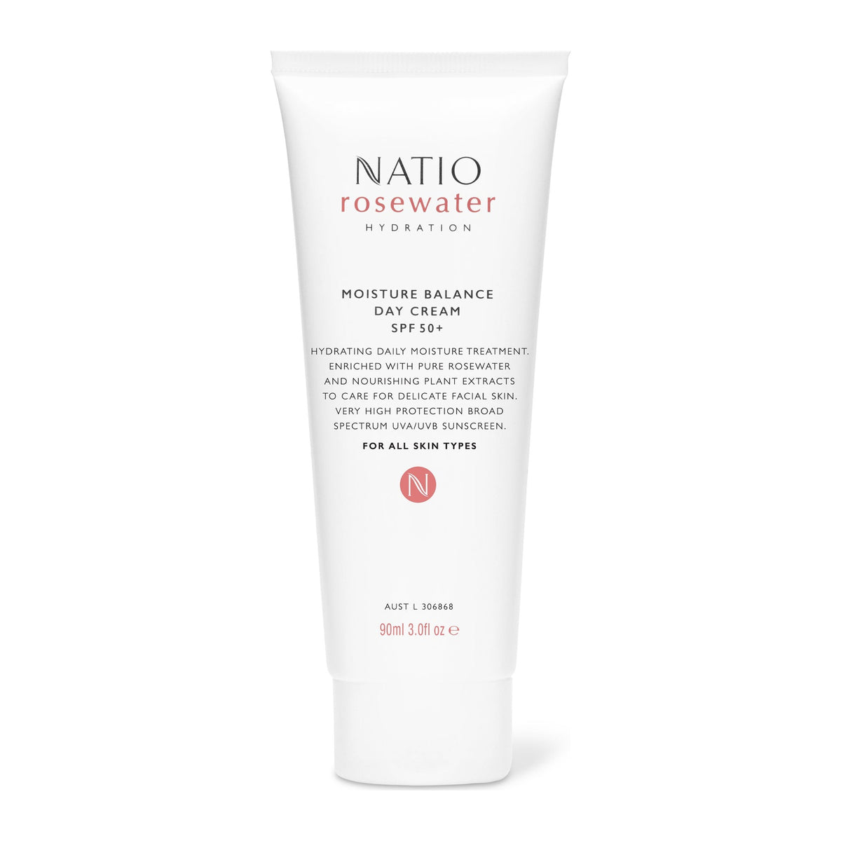 Rosewater Moisture Balance Day Cream SPF50+ 90ml by Natio, front of pack