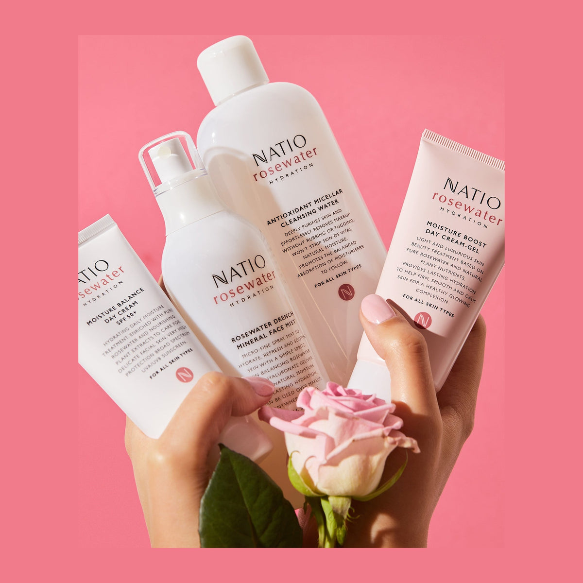 Natio Rosewater Moisture Balance Day Cream SPF50+ 90ml styled in a set photograph