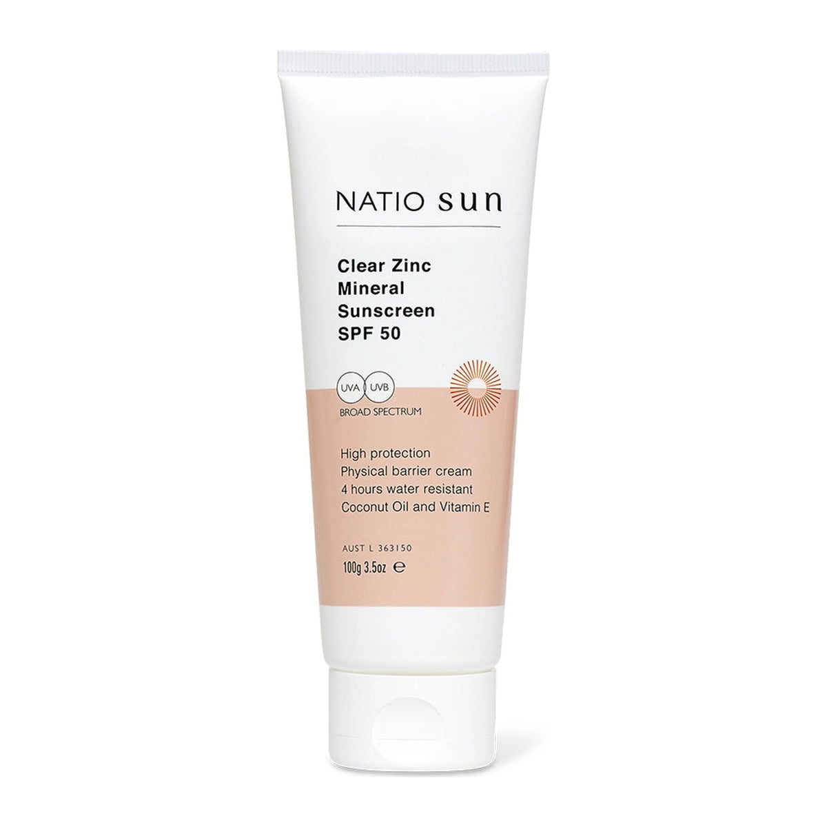 Clear Zinc Mineral Sunscreen SPF50 100g by Natio, front of pack