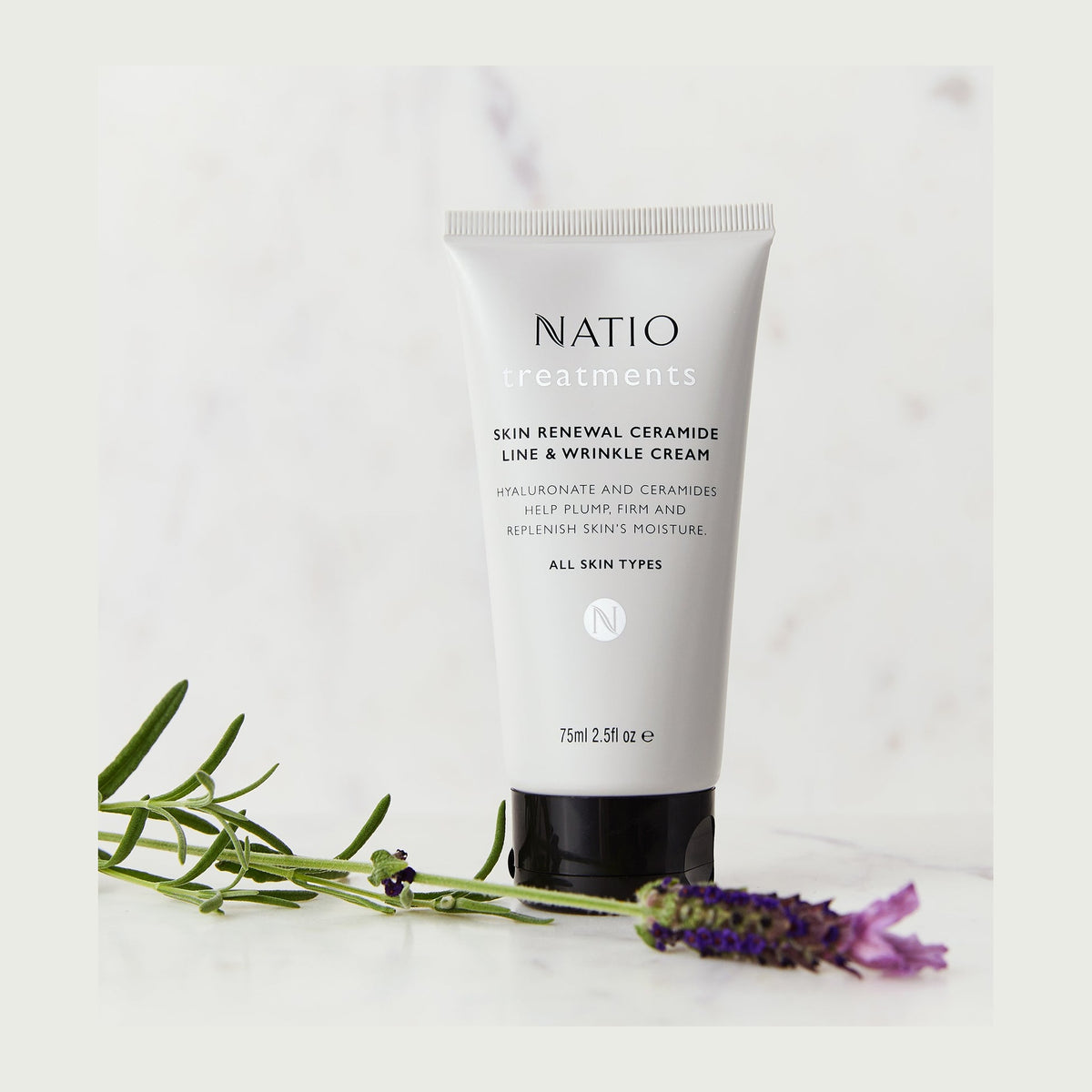 Natio Treatments Skin Renewal Ceramide Line &Wrinkle Cream 75ml styled in a set photograph
