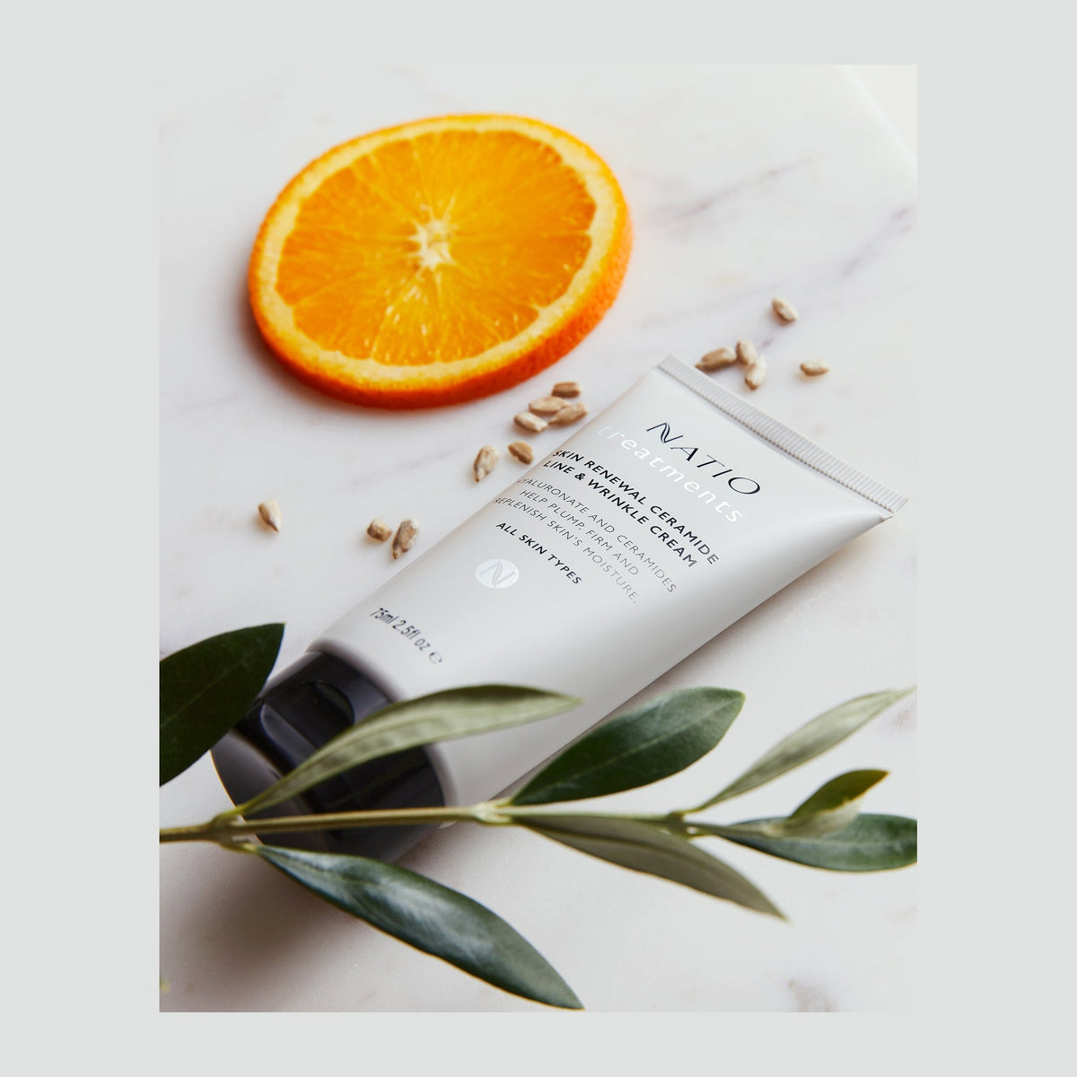 Natio Treatments Skin Renewal Ceramide Line &Wrinkle Cream 75ml styled in a set photograph