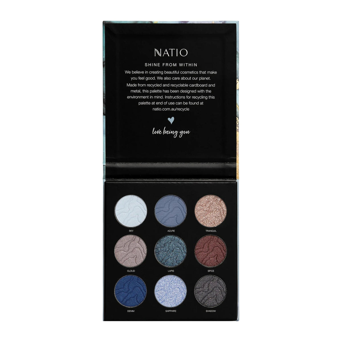 Marine Lapis Mineral Eye Shadow Palette Limited Edition by Natio, front of pack