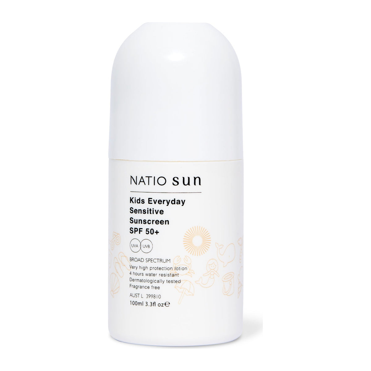 Kids Everyday Sensitive Sunscreen SPF50+ Roll On 100ml by Natio, front of pack