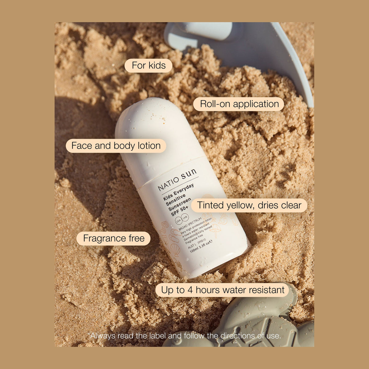 Natio Kids Everyday Sensitive Sunscreen SPF50+ Roll On 100ml styled in a set photograph
