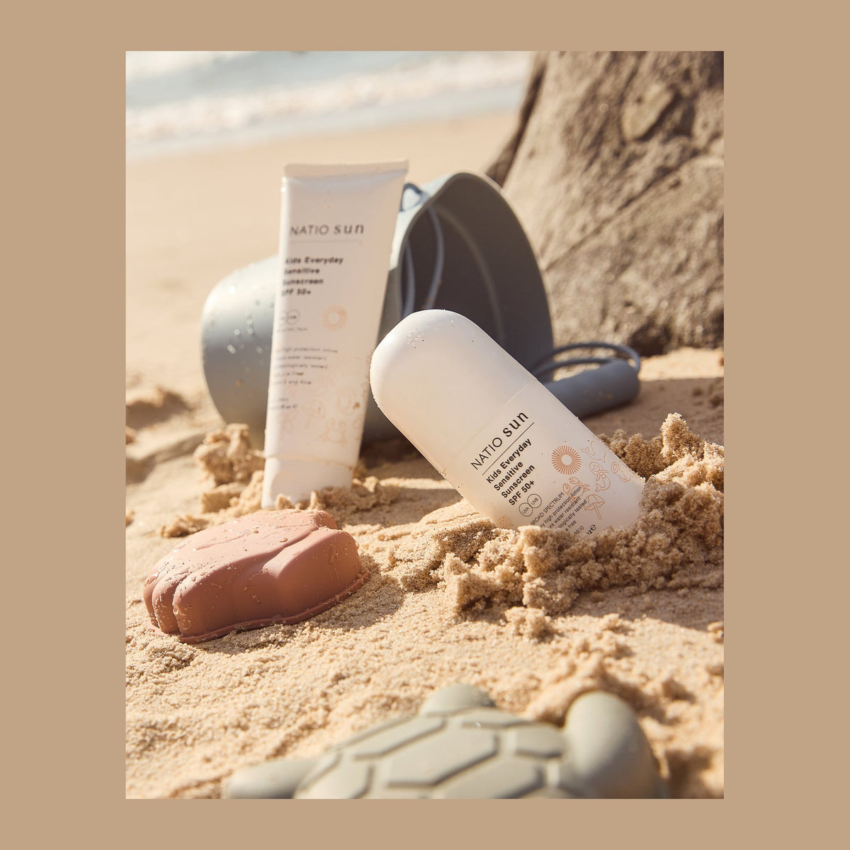 Natio Kids Everyday Sensitive Sunscreen SPF50+ Roll On 100ml styled in a set photograph