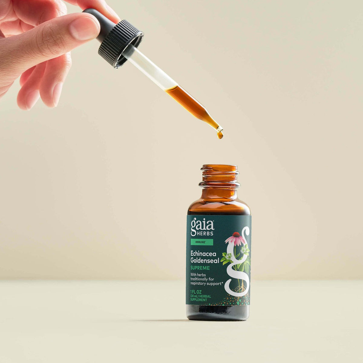 Gaia Herbs Echinacea Goldenseal Supreme held in hand