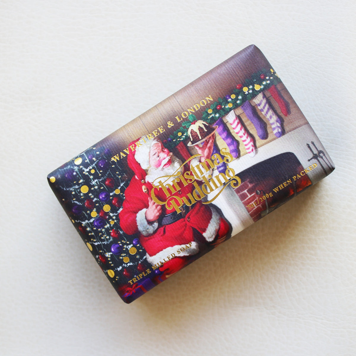The Christmas Pudding soap bar wrapper, angled
