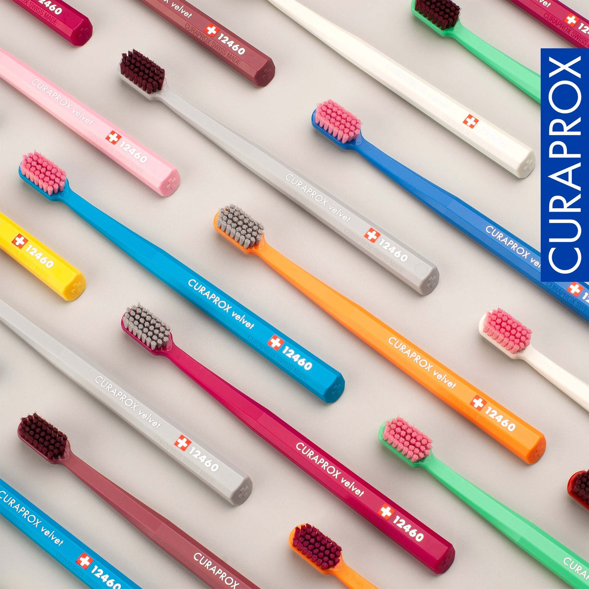 Curaprox CS 12460 velvet toothbrushes laid out in the colour range