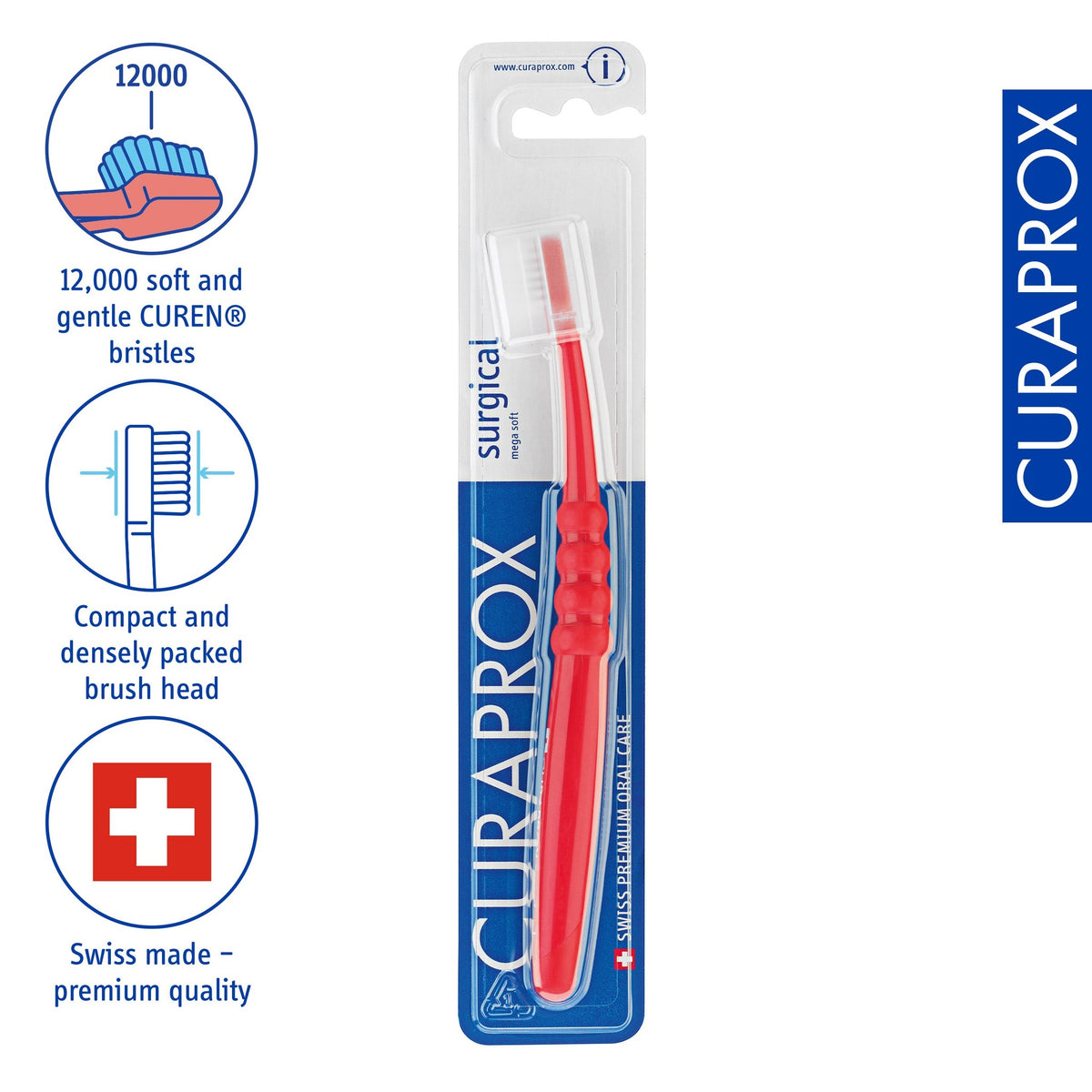 Curaprox CS surgical, product icons for 12,000 Curen filaments and the compact flexible head