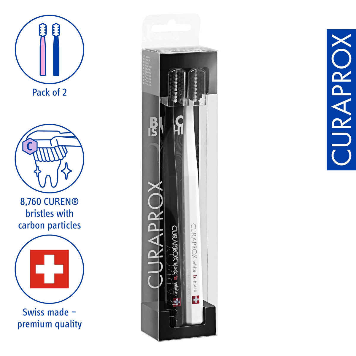 Curaprox Black is white duo, icons for pack of two and 8,760 carbon-coated Curen filaments