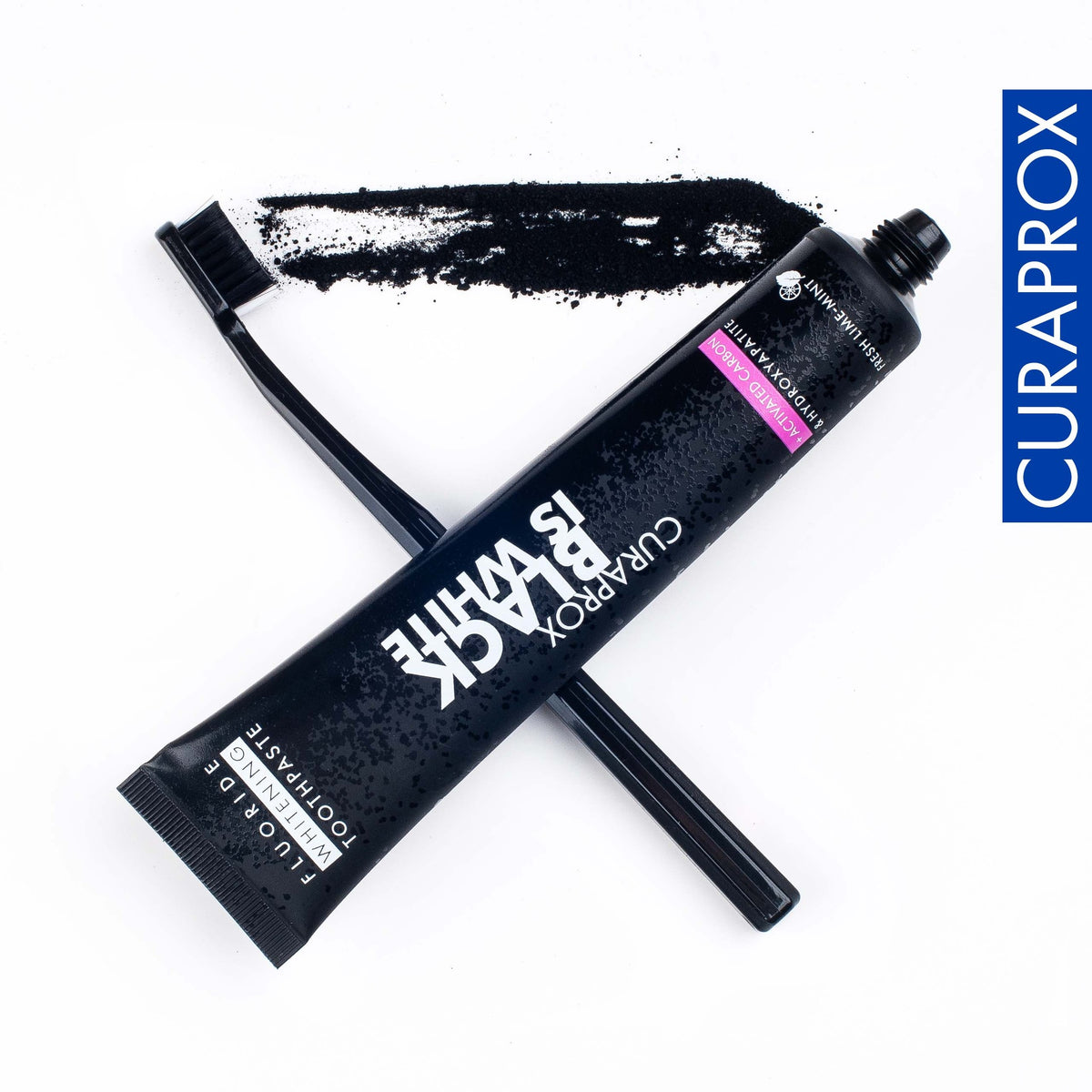 Curaprox Black is white toothbrushes with the Black is white toothpaste