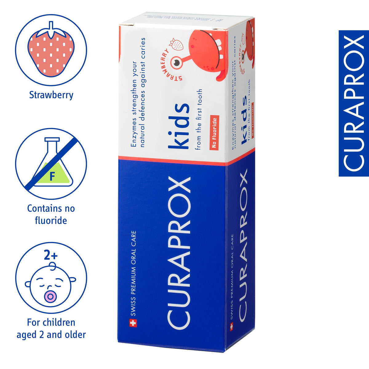 Curaprox Kids strawberry, carton with icons for strawberry flavour, no fluoride and ages two and up