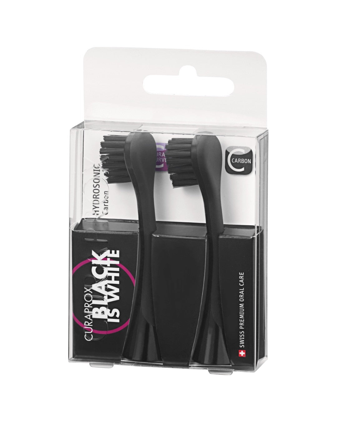 Curaprox Black is white carbon brush heads in their pack of two