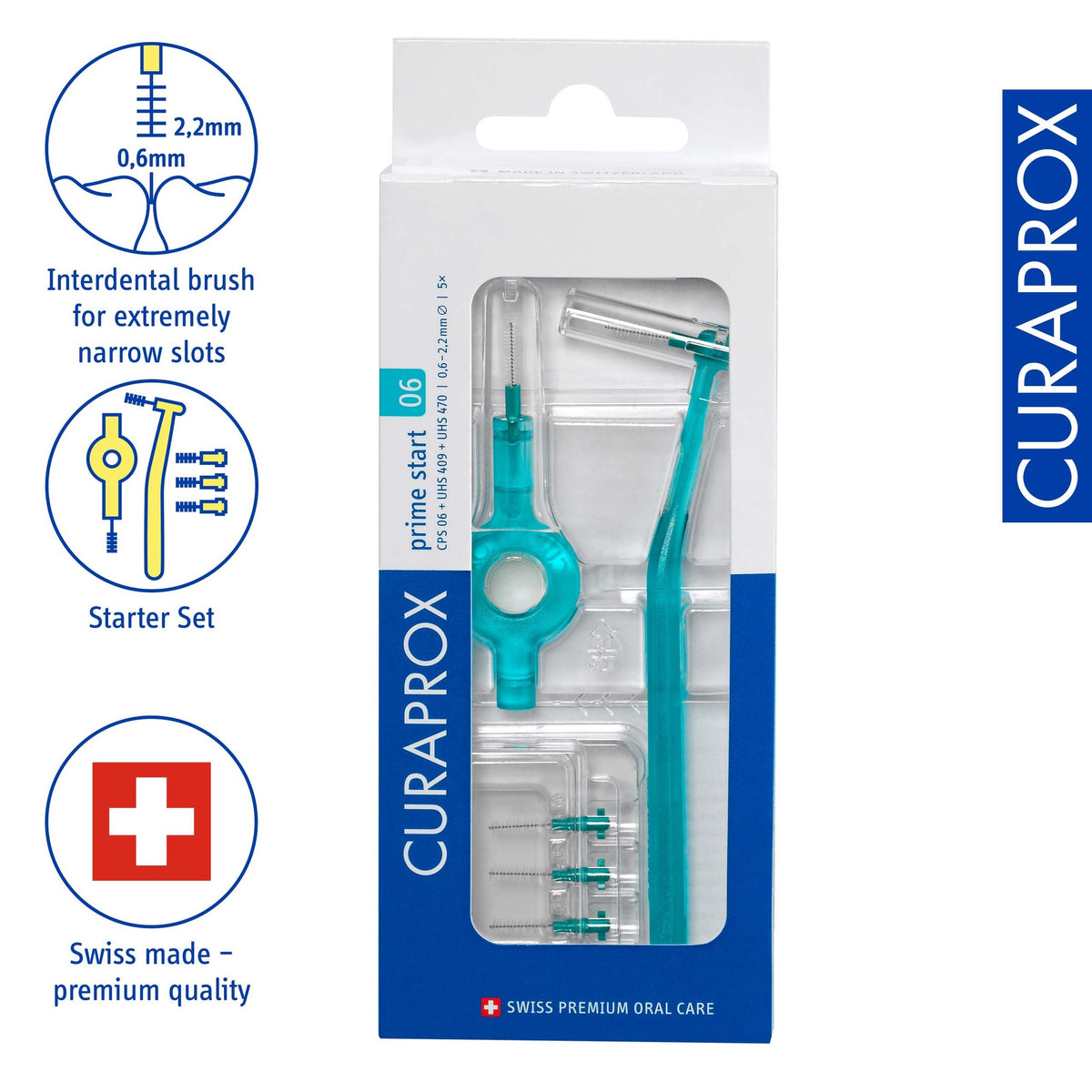 Curaprox CPS 06 prime start interdental brush set, icons for the umbrella cleaning effect and the click system