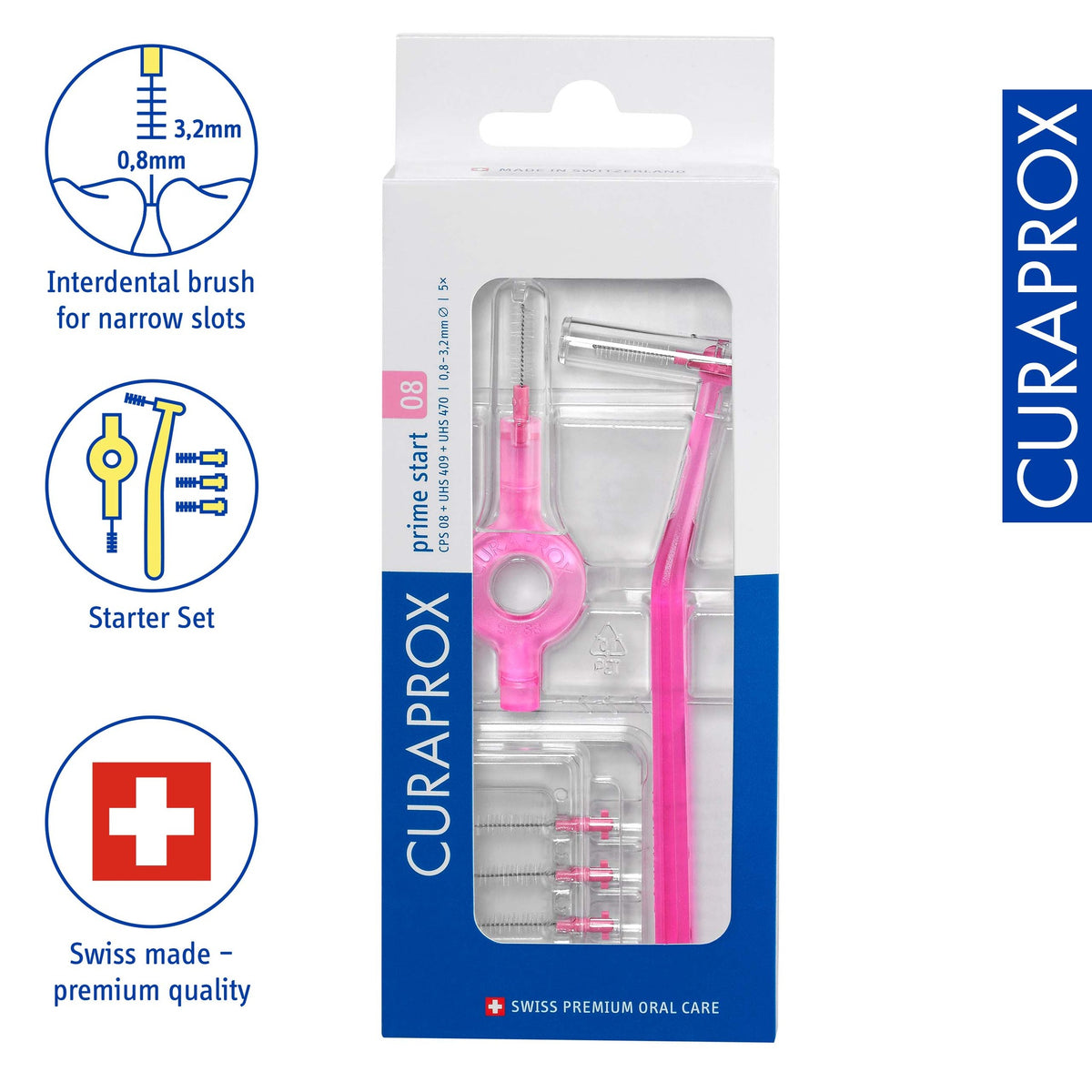 Curaprox CPS 08 prime start interdental brush set, icons for the umbrella cleaning effect and the click system