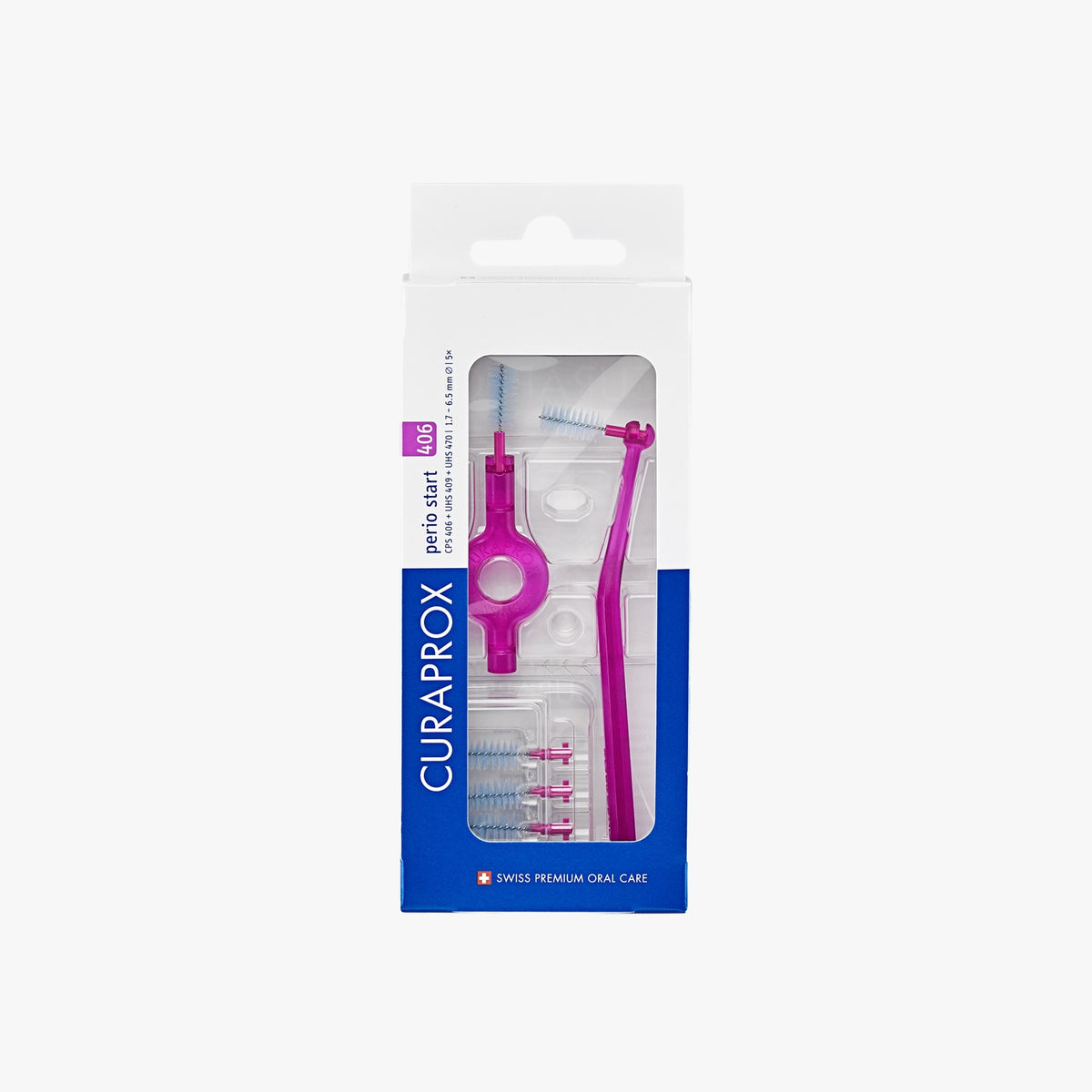 Curaprox CPS 406 perio start interdental brush set in its blister pack