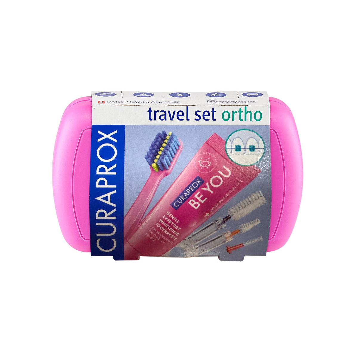 Curaprox ortho travel set in pink, in its pack