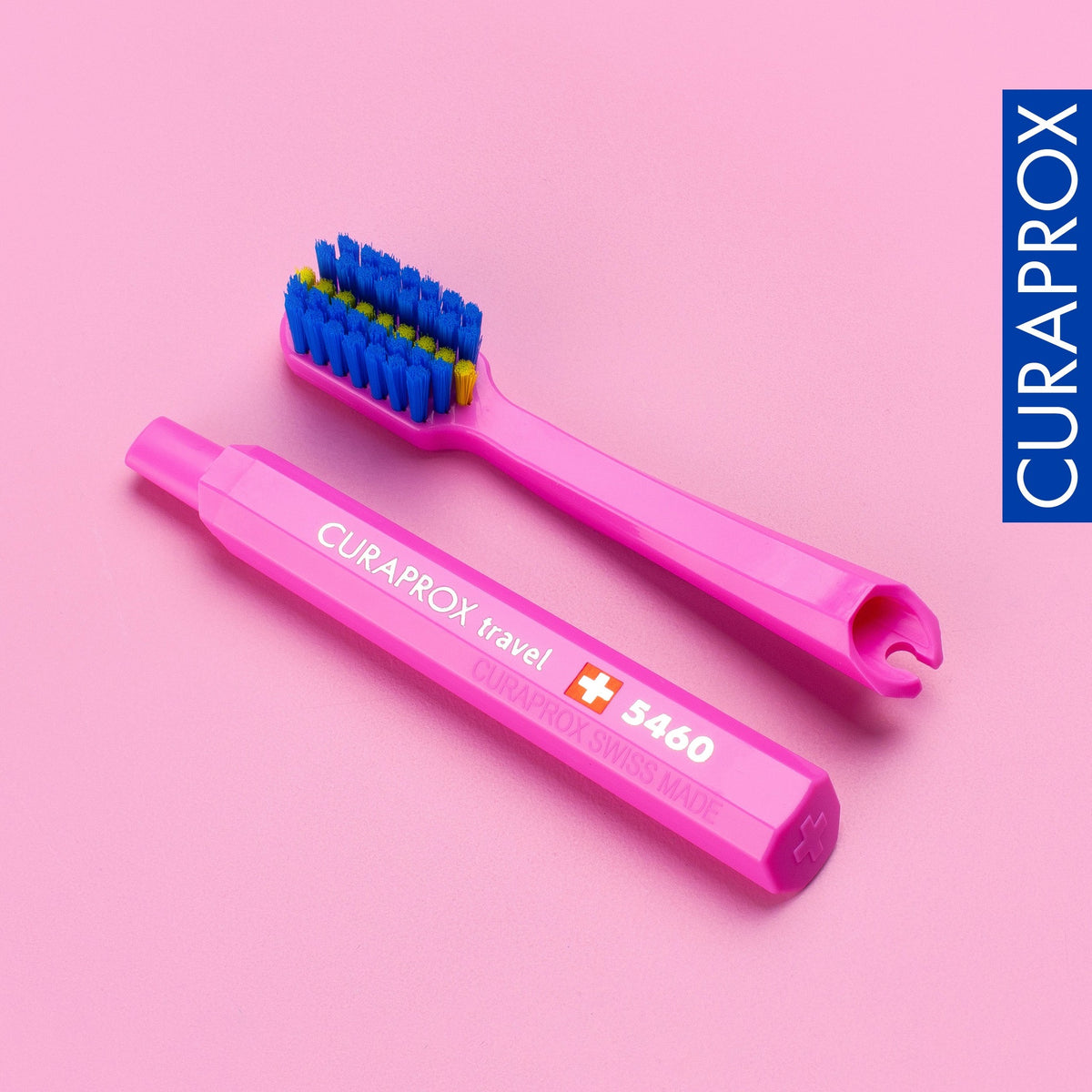 Curaprox ortho travel set case open on a pink background