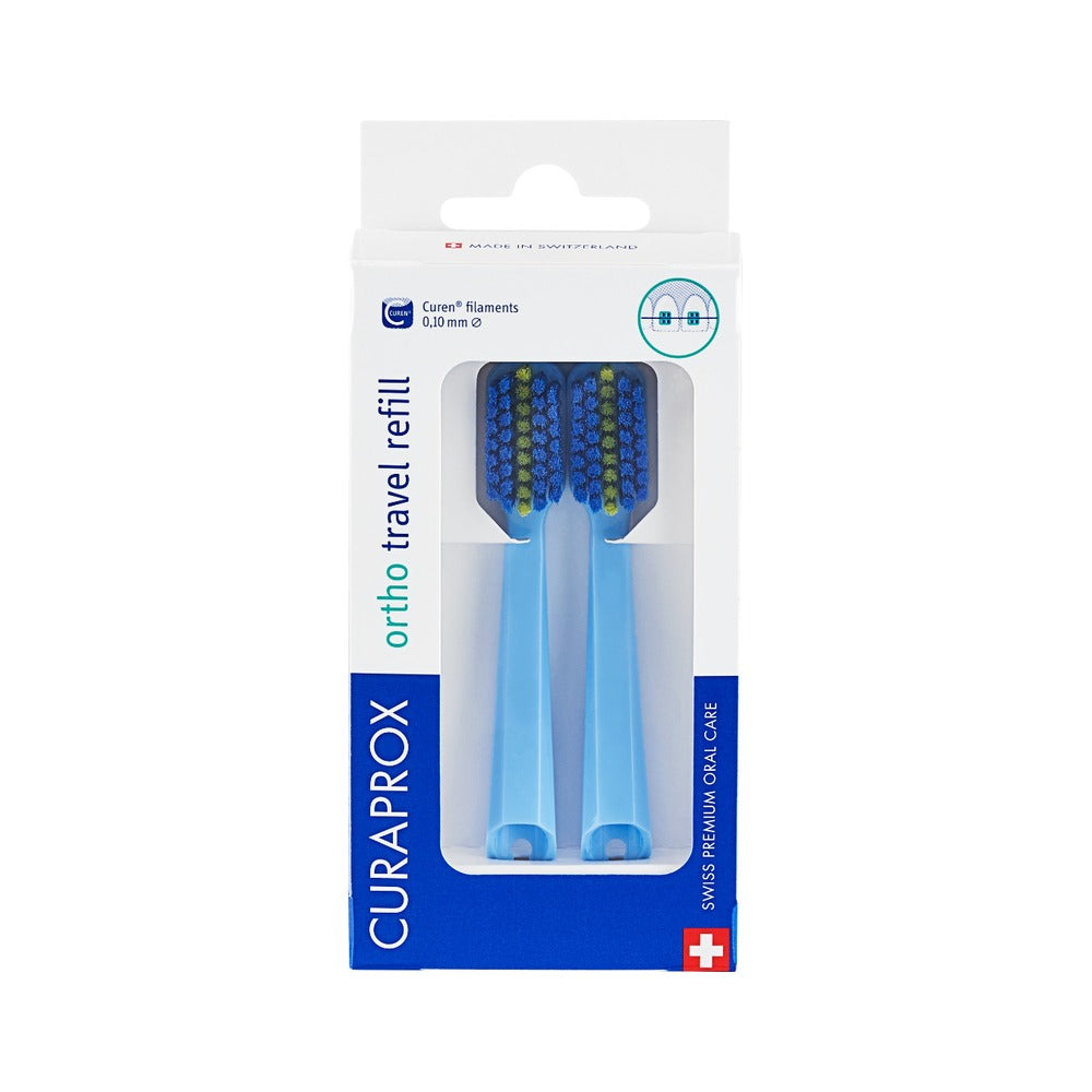 Curaprox ortho travel set brush head refills in blue, pack of two